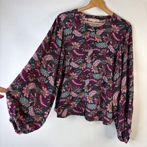 LOFT Blouse Women XL Multicolor Paisley Floral Bishop Sleeve Button Front Boho